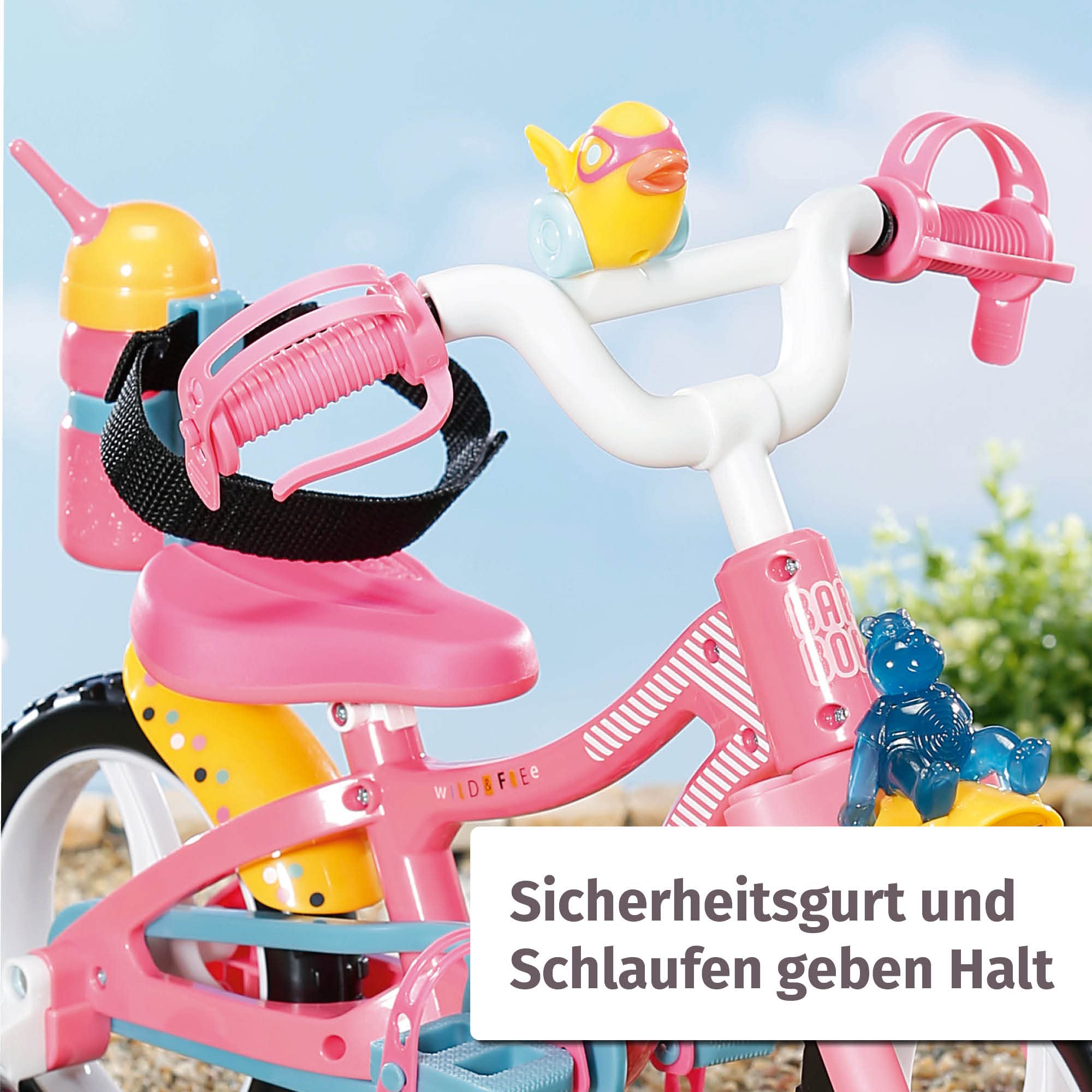 BABY Born Zapf Creation 835210 Fahrrad- rosa Puppenfahrrad für 43cm große Puppen mit Stützrädern, Schlaufen und Sicherheitsgurt, Blinklicht, Hupe und Flasche.