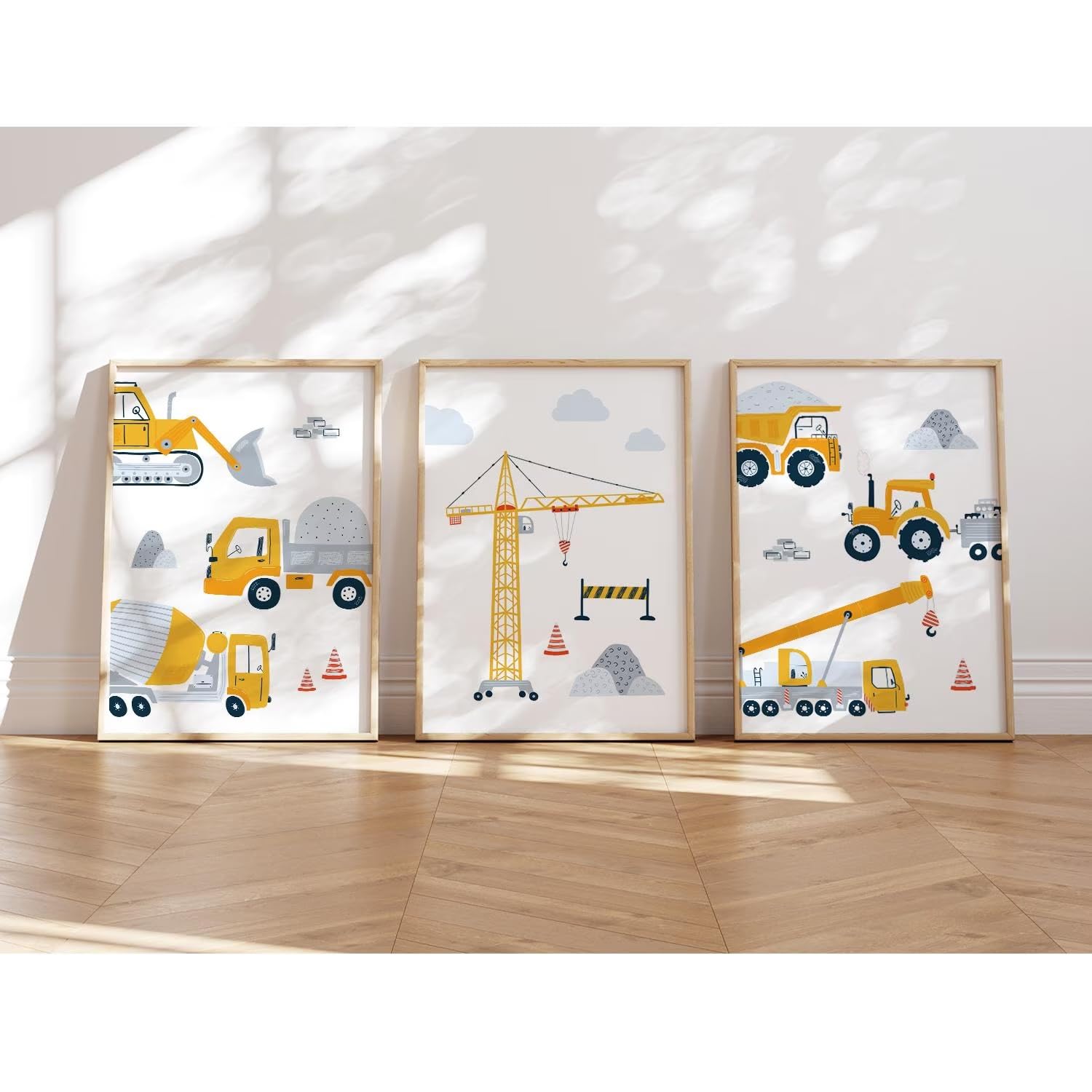 MeinBaby123 Obrazy pojazdów budowlanych, zestaw 3 sztuk, DIN A4, koparka, dźwig, maszyna budowlana, wywrotka, plakat do pokoju dziecięcego, dekoracja pokoju dziecięcego dla chłopca (koparka V1)