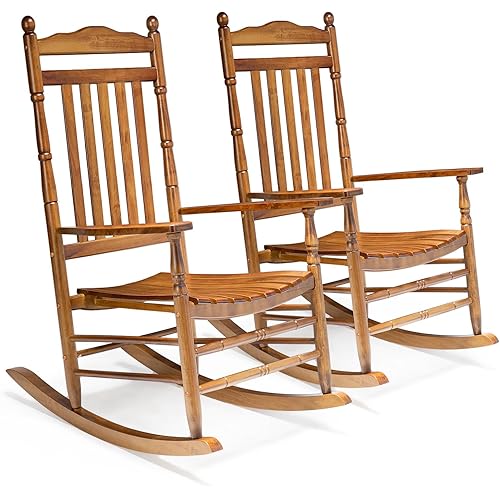VINGLI Wooden Rocking Chair, Outdoor Chair with 450 lbs Support, Relaxing Rocker with Solid Wood High Back Seat Reclining Seat for Deck, Garden, Backyard, Porch, Indoor or Outdoor Use (Teak, 2PCS)