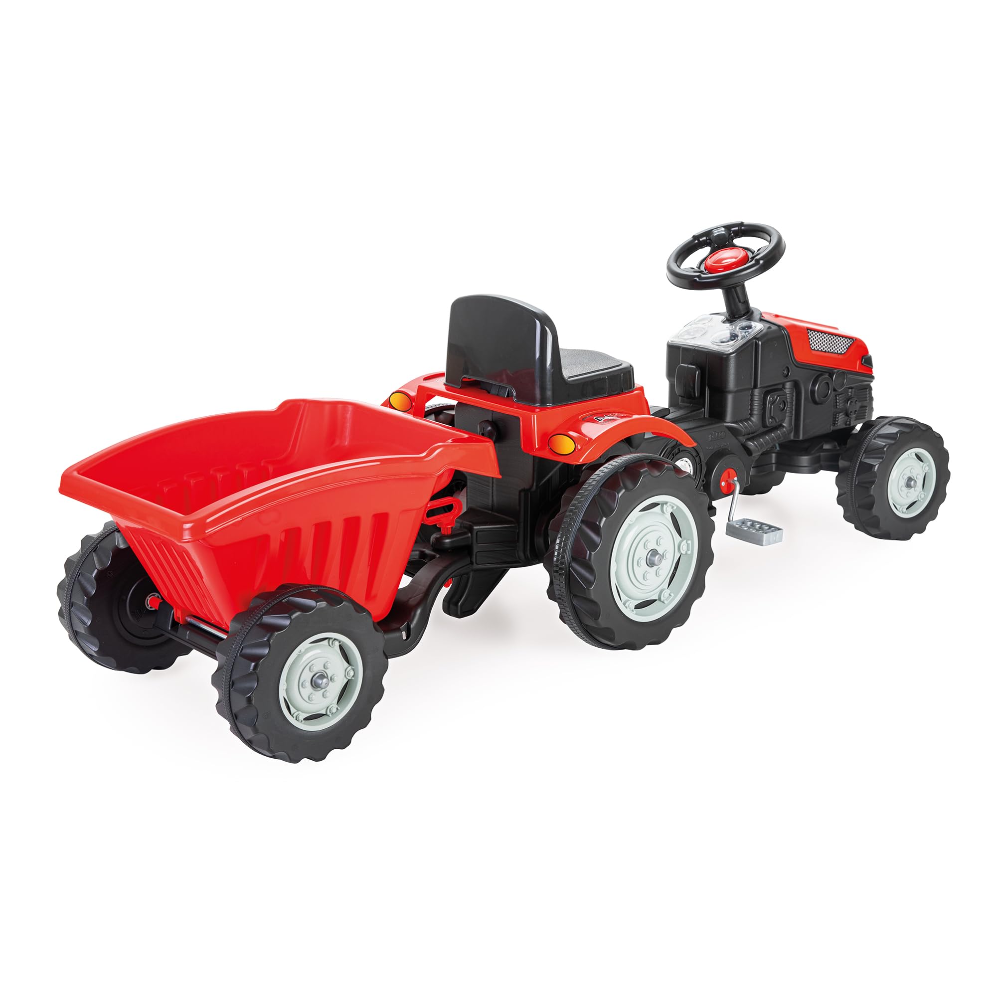 Lemodo Trettraktor rot ab 3 Jahre, Kindertraktor mit Anhänger, Verstellbarer Sitz, Kettenantrieb, Hupe, Traktor zum Draufsitzen für Garten & Hof, Kinderfahrzeug (rot mit Anhänger)