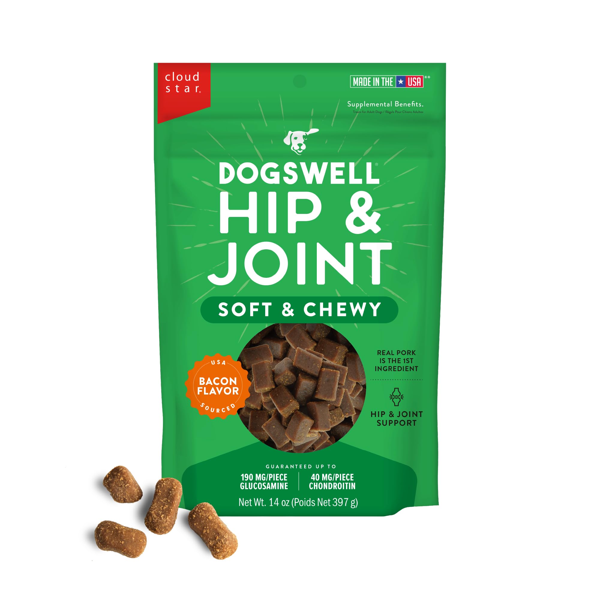 DOGSWELL Hip & Joint Soft & Chewy Dog Treats, Bacon, 14 oz. Pouch
