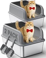 Powools 2-Pack Stainless Steel Cat Litter Box with Scoops - Non-Stick, Leakproof, Easy Clean High-Sided Grey Litter Boxes for Multi-Cat Homes