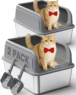 Powools 2-Pack Stainless Steel Cat Litter Box with Scoops - Non-Stick, Leakproof, Easy Clean High-Sided Grey Litter Boxes for Multi-Cat Homes