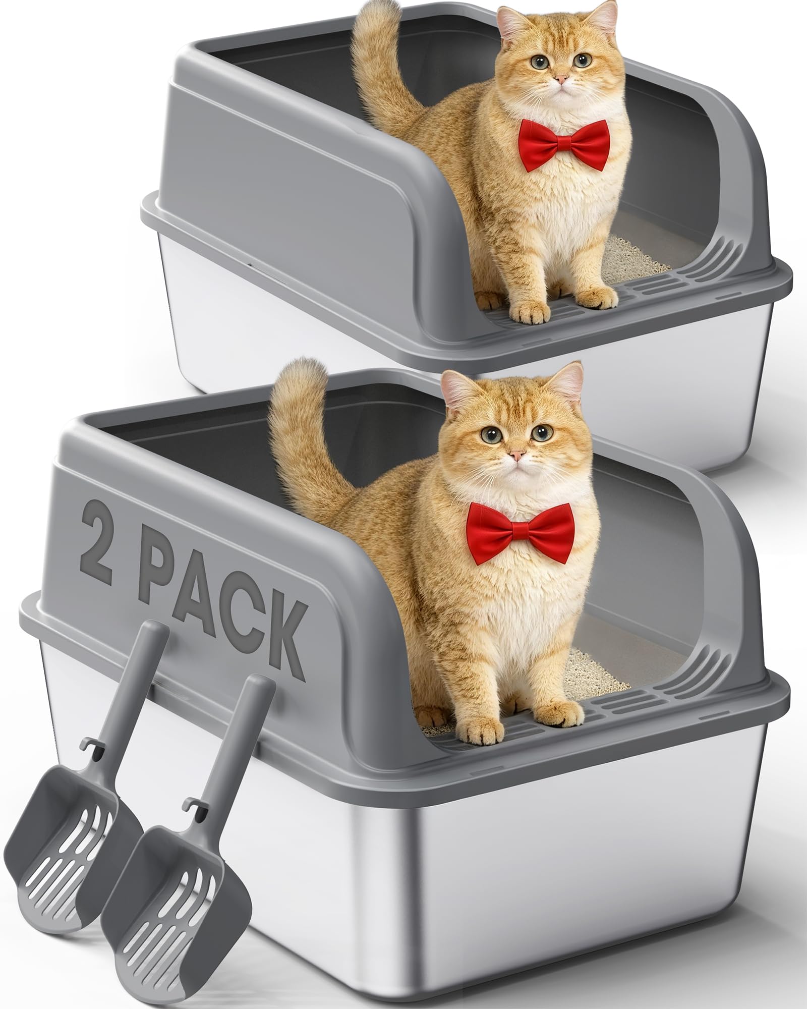 2-Pack Stainless Steel Cat Litter Box for Kitty with Scoops, Non-Stick & Easy-to-Clean Metal Cat Litter Box with Leakproof Enclosure, Grey