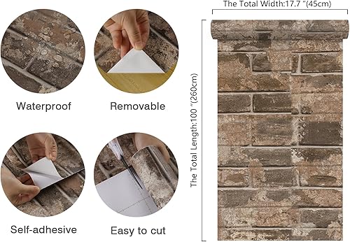 Miniatura 8 de CHIHUT Papel tapiz de ladrillo marrón de 17.7 x 100 pulgadas, autoadhesivo, extraíble, papel de contacto de ladrillo sintético, con textura