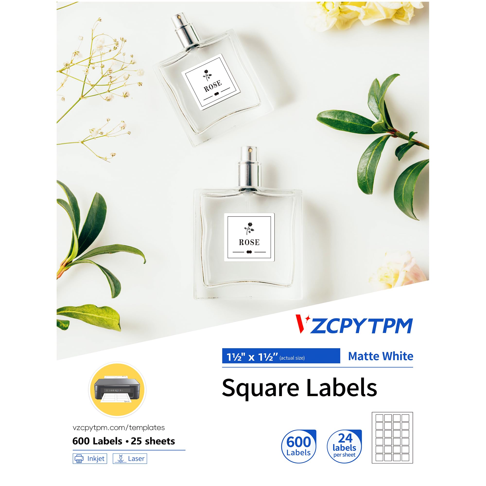 VZCPYTPM Etichette quadrate bianche stampabili da 3,8 x 3,8 cm, 600 etichette quadrate per stampanti, per barattoli, organizzazione, etichette personalizzate, stampanti a getto d'inchiostro e laser