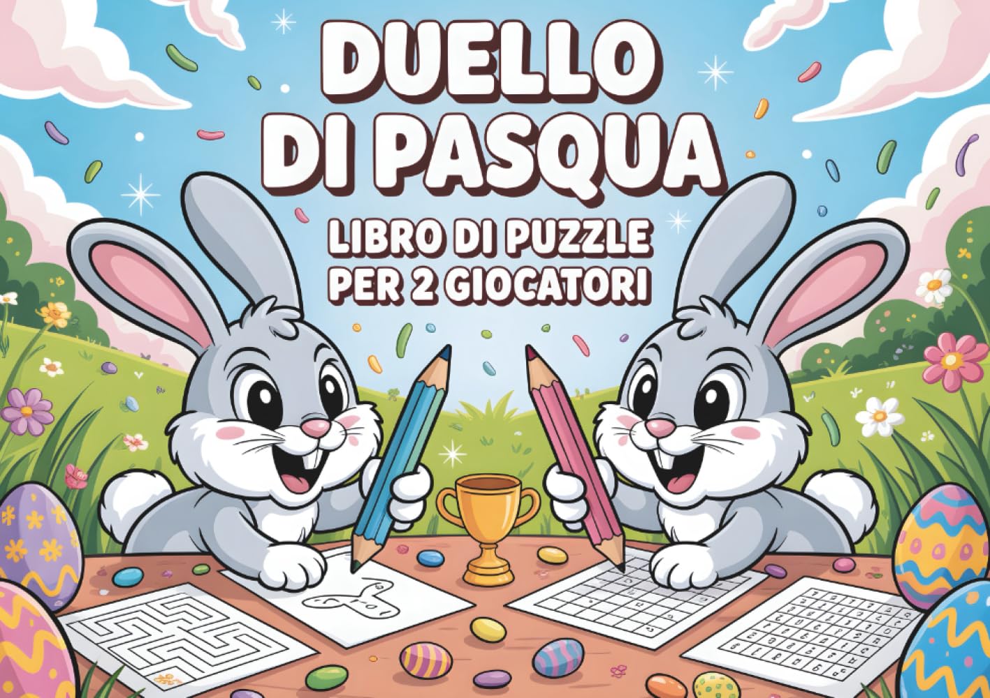 Duello di Pasqua - Libro di Puzzle per 2 Giocatori: 7-10 anni - Sudoku, Cerca Parole e Labirinti - Chi è il più veloce?