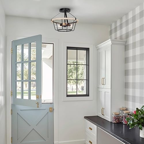 Miniatura 4 de Kira Home Palmer - Lámpara de techo semiempotrada rústica de 12.5 pulgadas, 3 luces, estilo rústico de madera de fresno blanco + acabado negro