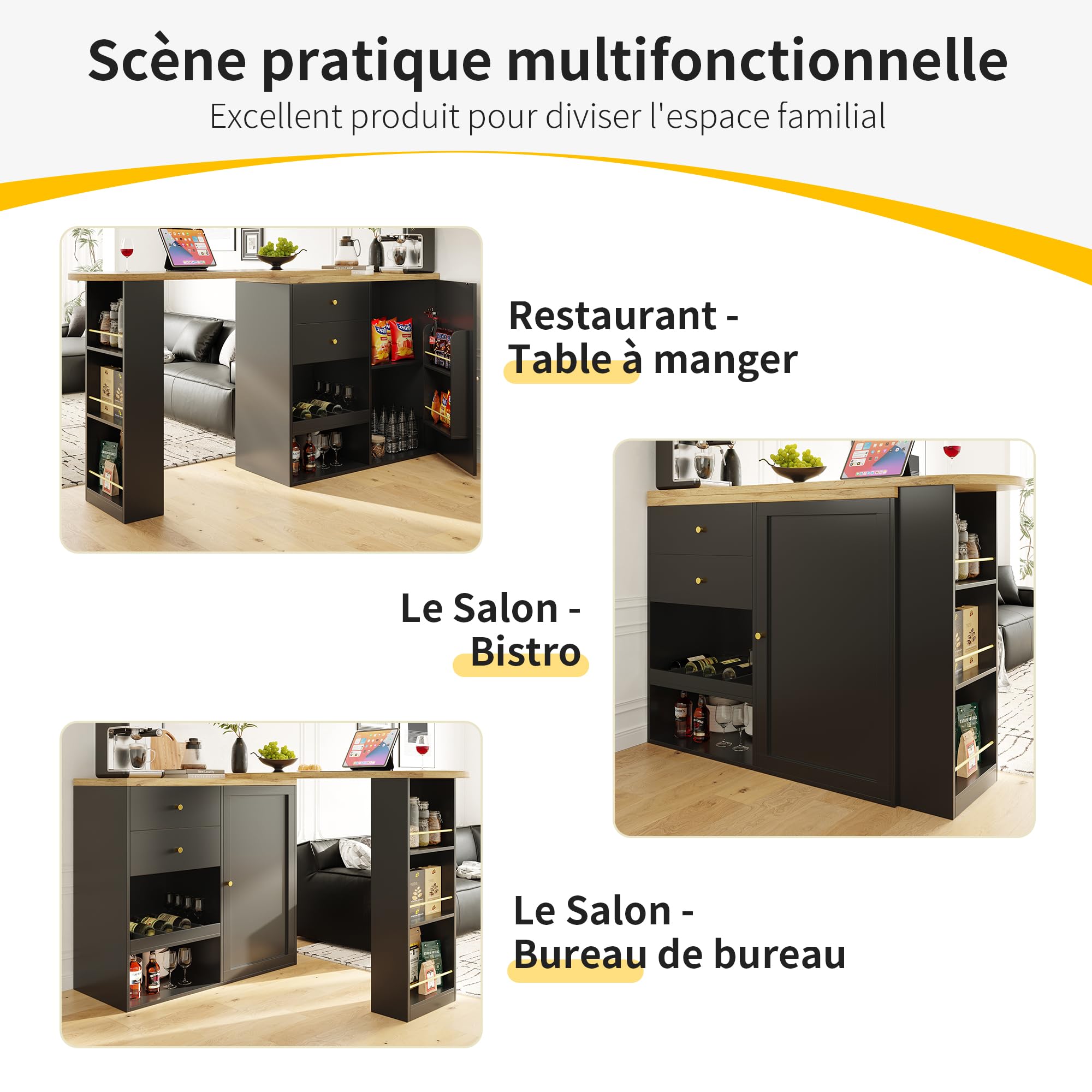 Table de bar moderne extensible, table à manger extensible avec espace de rangement, table de bistro pivotante pour salle à manger, 138-105 x 39 x 102 cm (Noir-A)