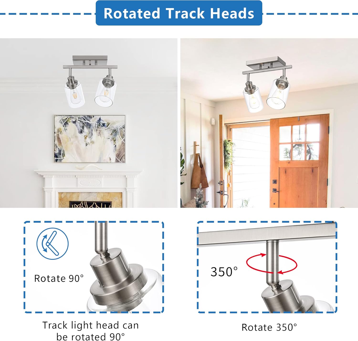 MELUCEE 2 Light Rotatable Track Lighting Kit Spotlight Semi Flush Mount Ceiling Light, Brushed Nickel Bathroom Lights Wall Scone for Hallway Porch Foyer Bath Storage, Clear Glass Shade