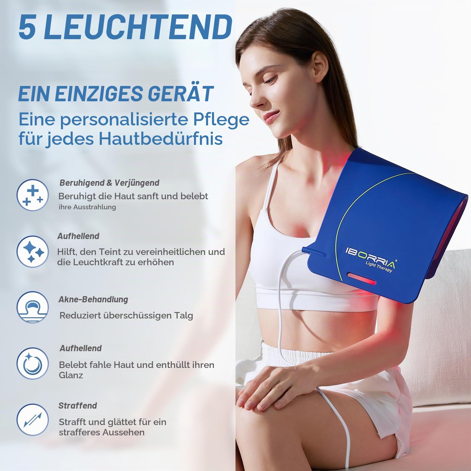 AuraCure LED Rotlichttherapie Panel für Gesicht & Körper – 490 Hochleistungs-LEDs, 5 Wellenlängen, 3 Intensitäten, 3 Timer 15/20/30 Min, 48W (Blau)