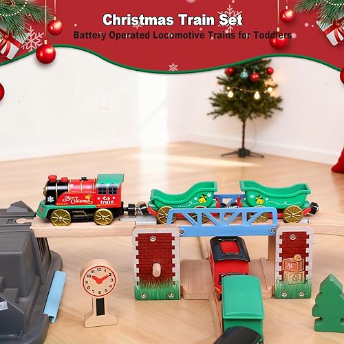 Miniatura 7 de Juego de tren de Navidad para pistas de madera, tren de locomotora con motor a batería con luces, sonidos y música navideña, juguete de tren