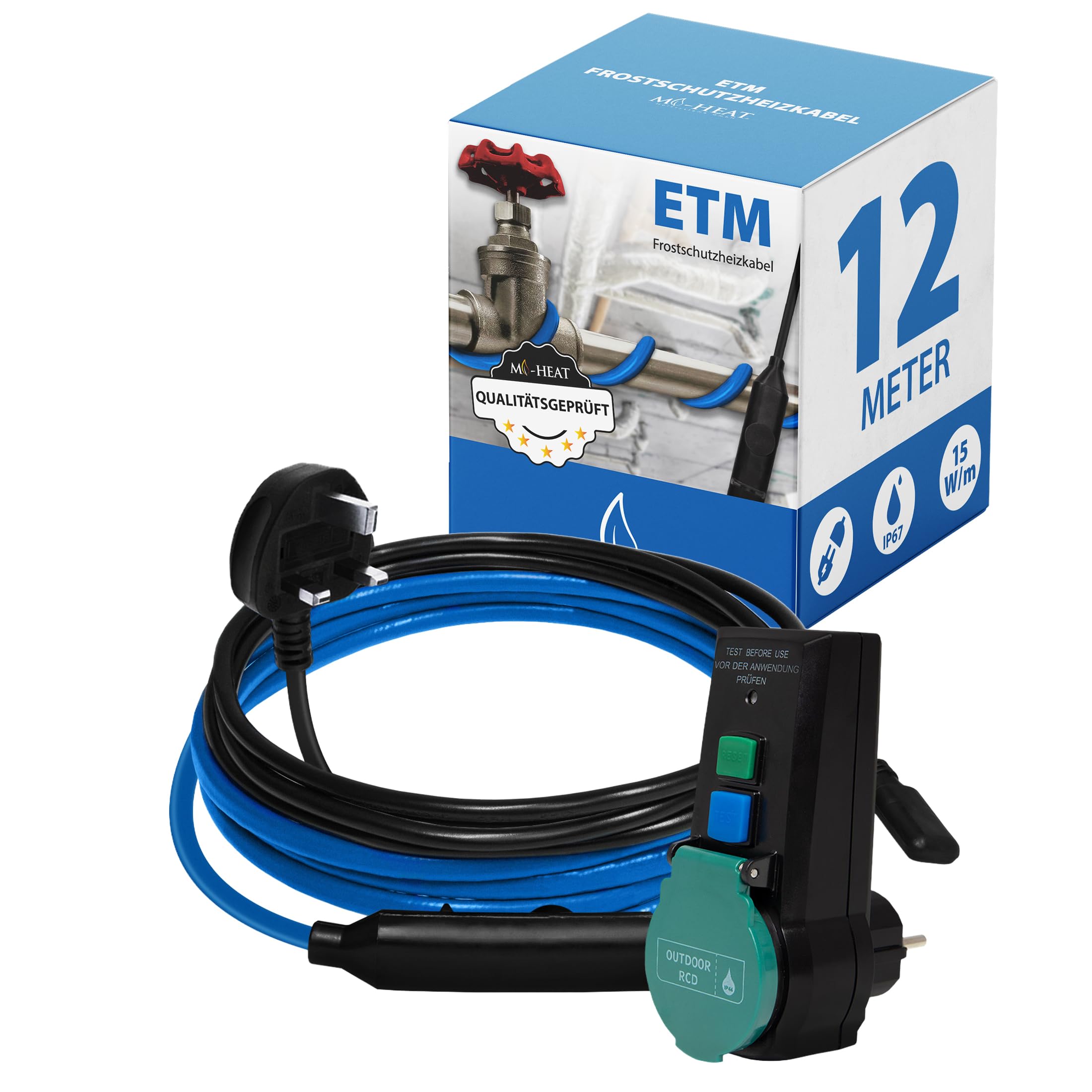 Mi-Heat 12m ETM Trace Heating Frost Protection Cable Kit – RCD Circuit Breaker - Self-Regulating Water Pipe Heating Cable (15W/m) – Trace Heating Cable for Gutters & Pipes (230V)