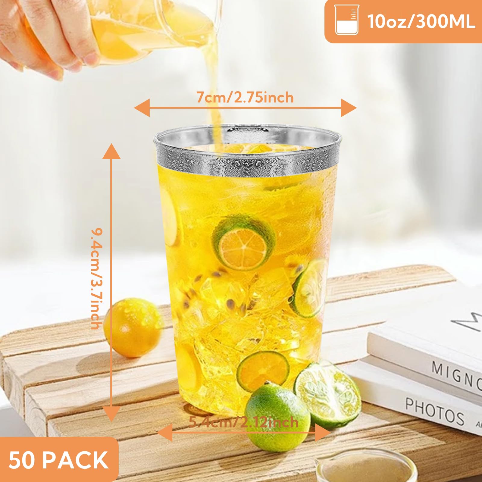 50 bicchieri di plastica con argento, 350 ml, in plastica, riutilizzabili, eleganti bicchieri da vino per champagne e birra, cocktail, martini, soda dessert (Argento)