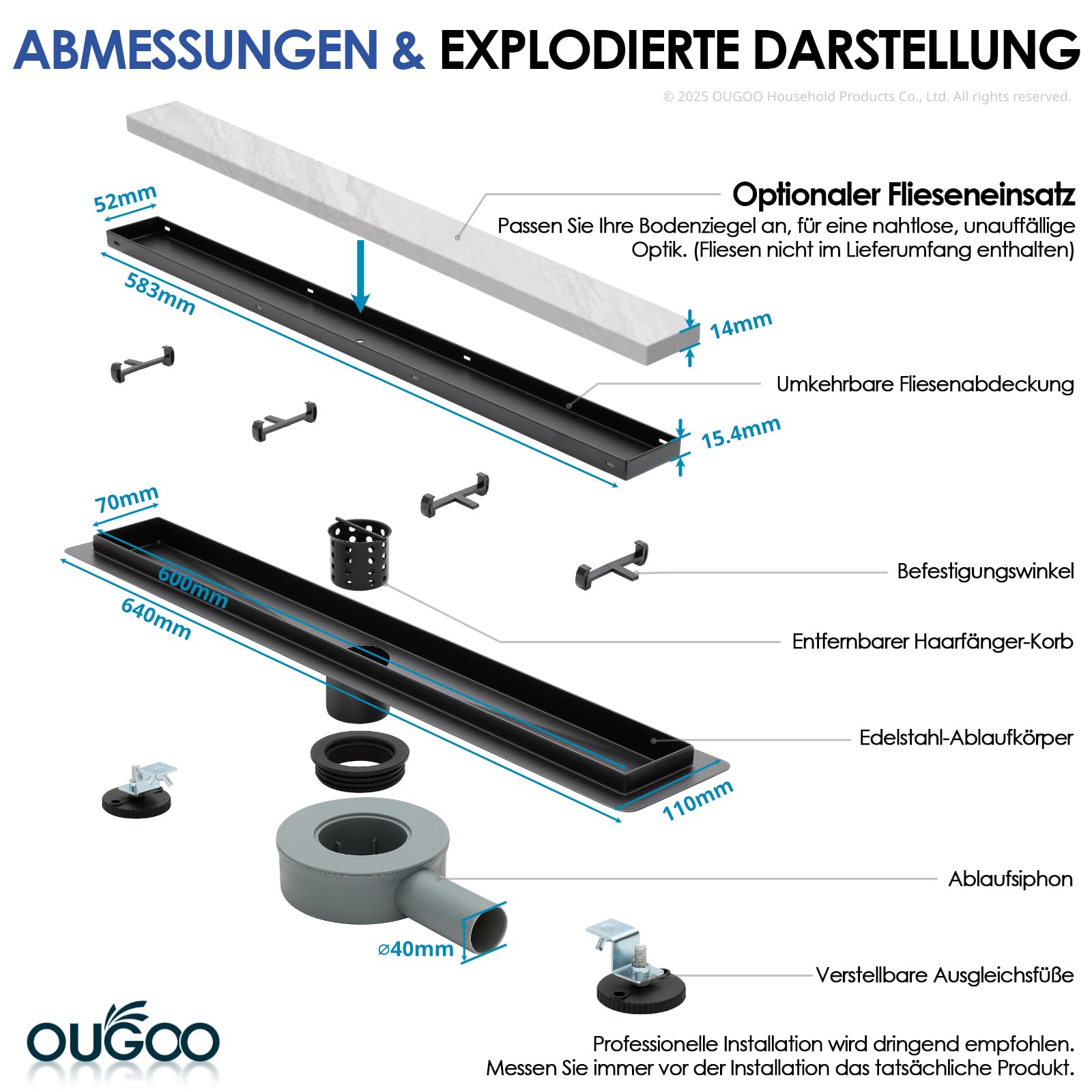 Lineare Duschrinne 60 cm, OUGOO 2-in-1 Befliesbarer Duschabfluss, Bodenablauf Komplettset mit 360° drehbarem Siphon, Haarfilter und Geruchsverschluss, 304 Edelstahl Schwarz