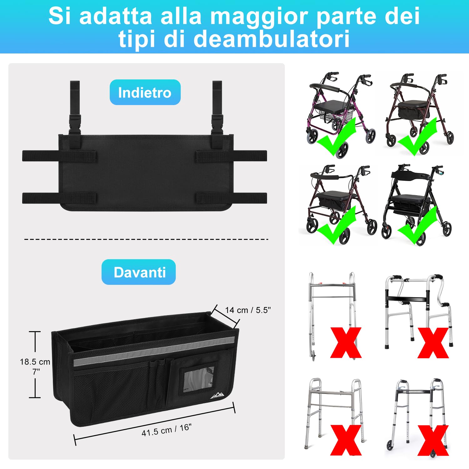 supregear Cestino Rollator, Grande Capacità Organizzatore Borsa con Svariate Tasche, Borsa di Stoccaggio Pieghevole Universale Impermeabile, Accessori per Rollator per Anziani, Nero