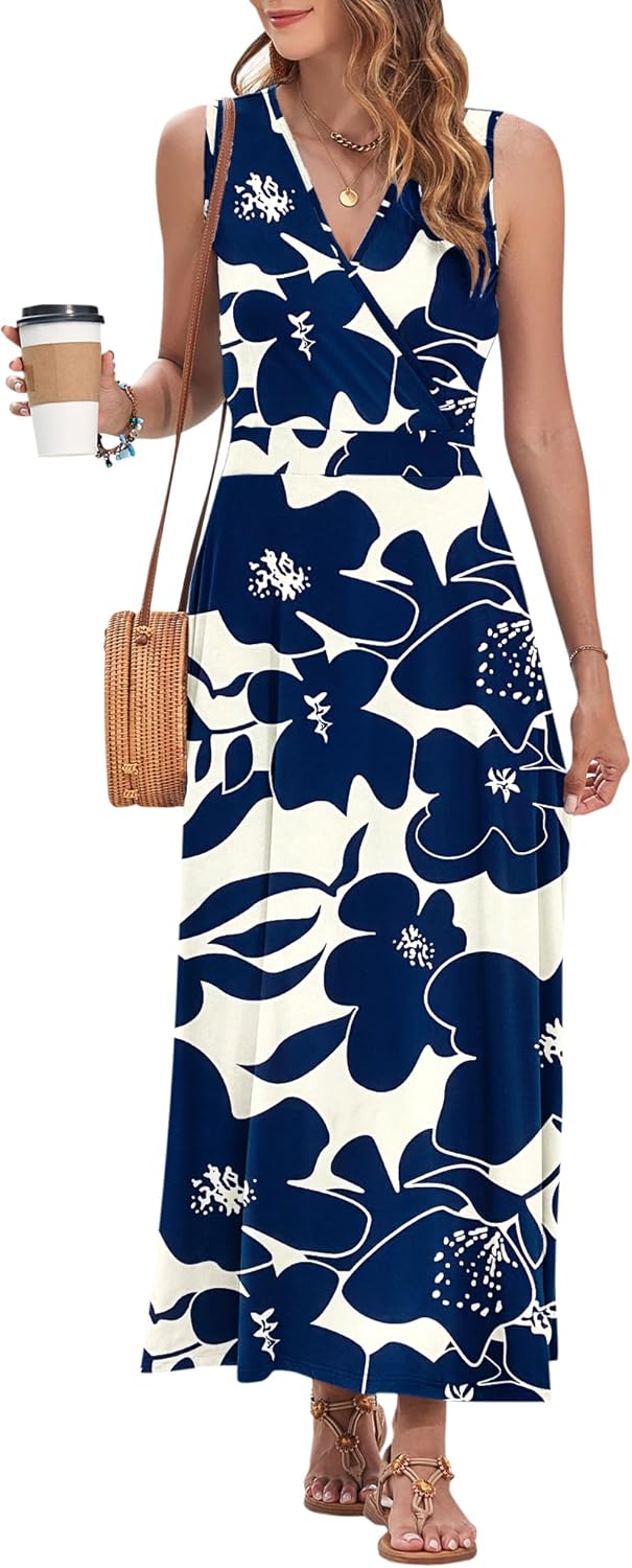 AUSELILY Women's Maxi Dress 2026 Summer Casual Sleeveless Sundress V Neck Wrap Vacation Cocktail Long Dresses with Pockets - Image 3