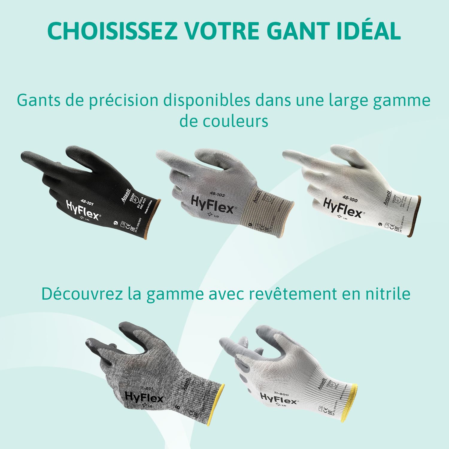 Ansell HyFlex 48-101 Gants de Travail Ultrafins, Nylon Extensible avec Enduction Polyuréthane, Protection Multiusage Haute Précision, Bricolage et Mécanique, Noir, Taille L (12 Paires)