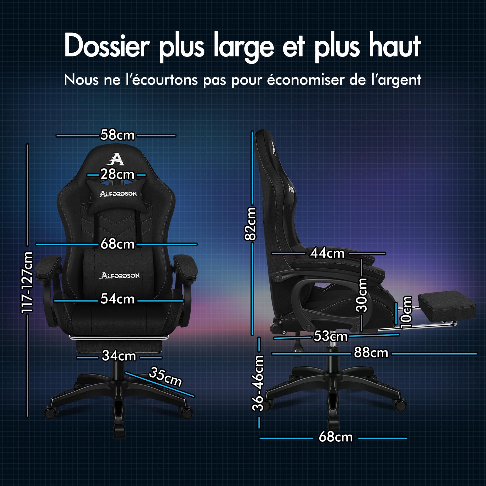 ALFORDSON Chaise de Gaming, Chaise de Joueur de Course avec Éclairage LED RVB, Fauteuil d'ordinateur Massant avec Repose-Pieds, Chaise Pivotante Ergonomique avec Dossier à Levier, Tissu, Noir
