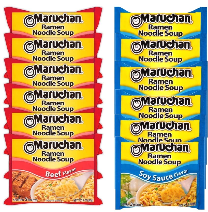 Maruchan Ramen - Sopa instantánea de fideos variedad 2 sabores 6 paquetes de carne de res y 6 paquetes de salsa de soja 3 onzas de porciones disponible en Yaxa Colombia