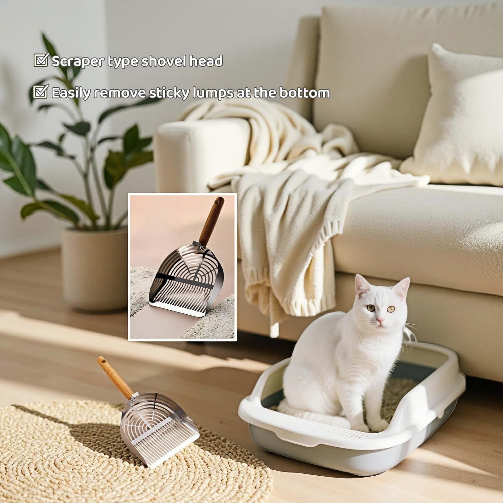 Premium Stainless Steel Cat Litter Scoop-Triple Guard Walls&Non-Stick Design,Silver,Flat Shovel Head Design Solid Deep Edge Wood Handle,Dual Hooks 1Pack,6.1x5.3inch (Silver long strip) (Silver) - image 7