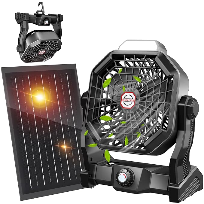 10400mAh Solar Fan with LED Lantern, Camping Fan with Solar Panel