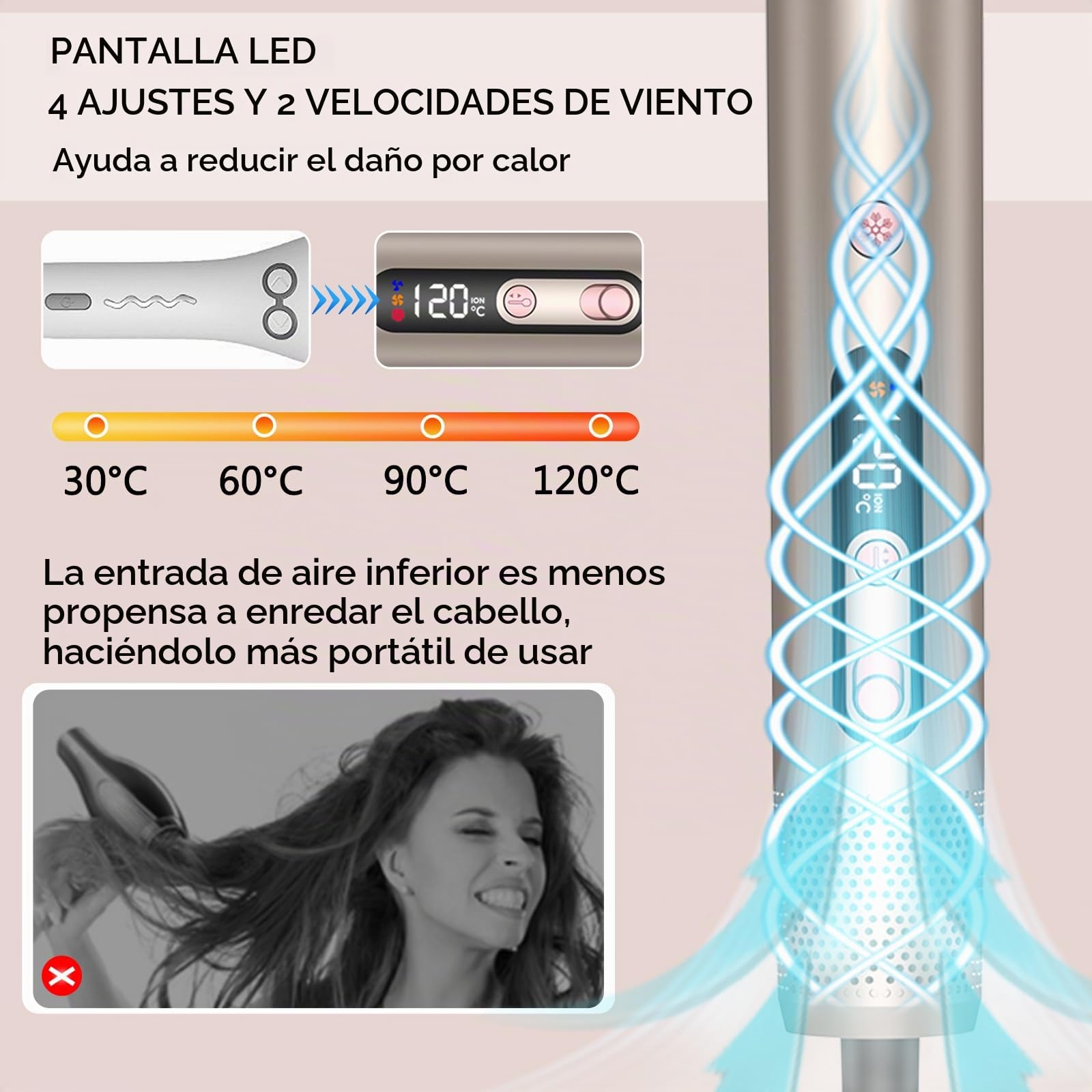 JINYAWA Cepillo Secador de Pelo 6 en 1 - Moldeador Pro con Tecnología Iónica/Temperatura Constante/Digital, 4 Niveles de Calor + Botón Frío, 110,000 RPM, Ergonómico y Liviano - Mango Extra Delgado