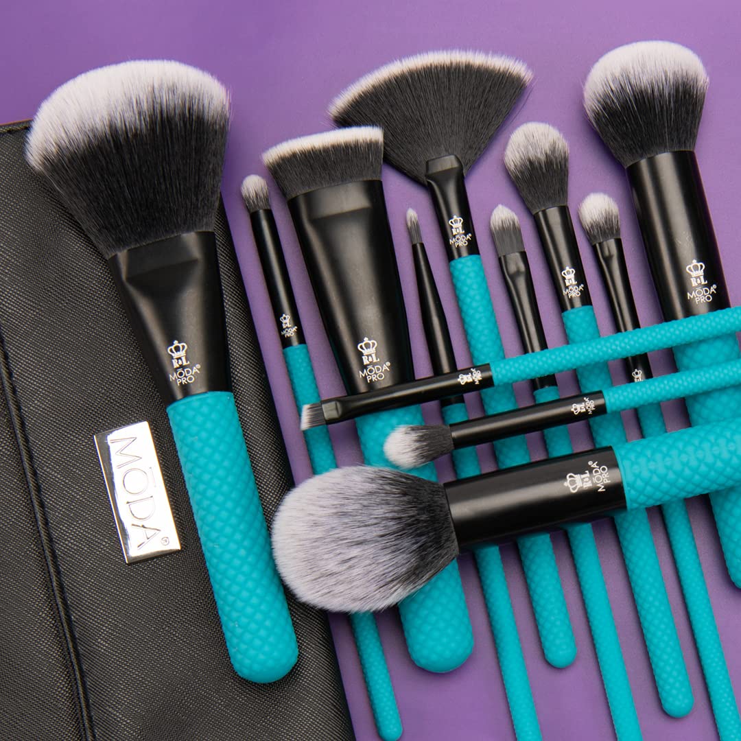 MODA Pro Full Face - Set di 13 pennelli da trucco con custodia da viaggio (verde acqua)