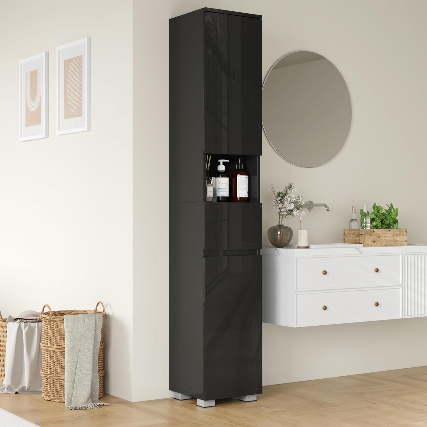 MHOM High Glossy Slim Bathroom Cabinet. 66.9" Tall Storage Cabinet with Drawer and Adjustable Shelves, Narrow Linen Cabinet for Bathroom, Laundry, and Living Room, Black