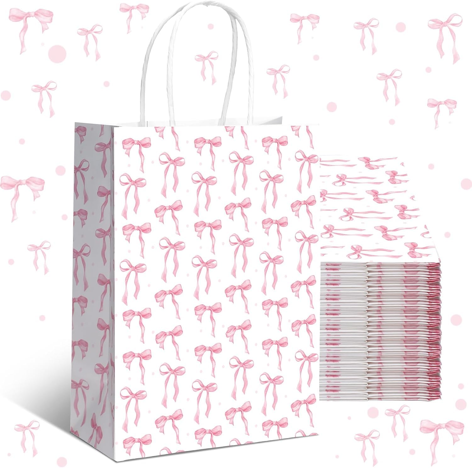 Jfadg 16Pcs Pink Bow Paper Gift Bags With Handles, Cute Party Goodie Candy Bags For Birthday Bridal Engagement Party Favor, 21x15x8cm