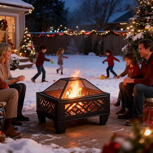 Miniatura 7 de Breezz Fogata de leña de 26 pulgadas con parrilla de cocina y pantalla de chispas, hoguera de metal al aire libre para patio, patio trasero, fiesta