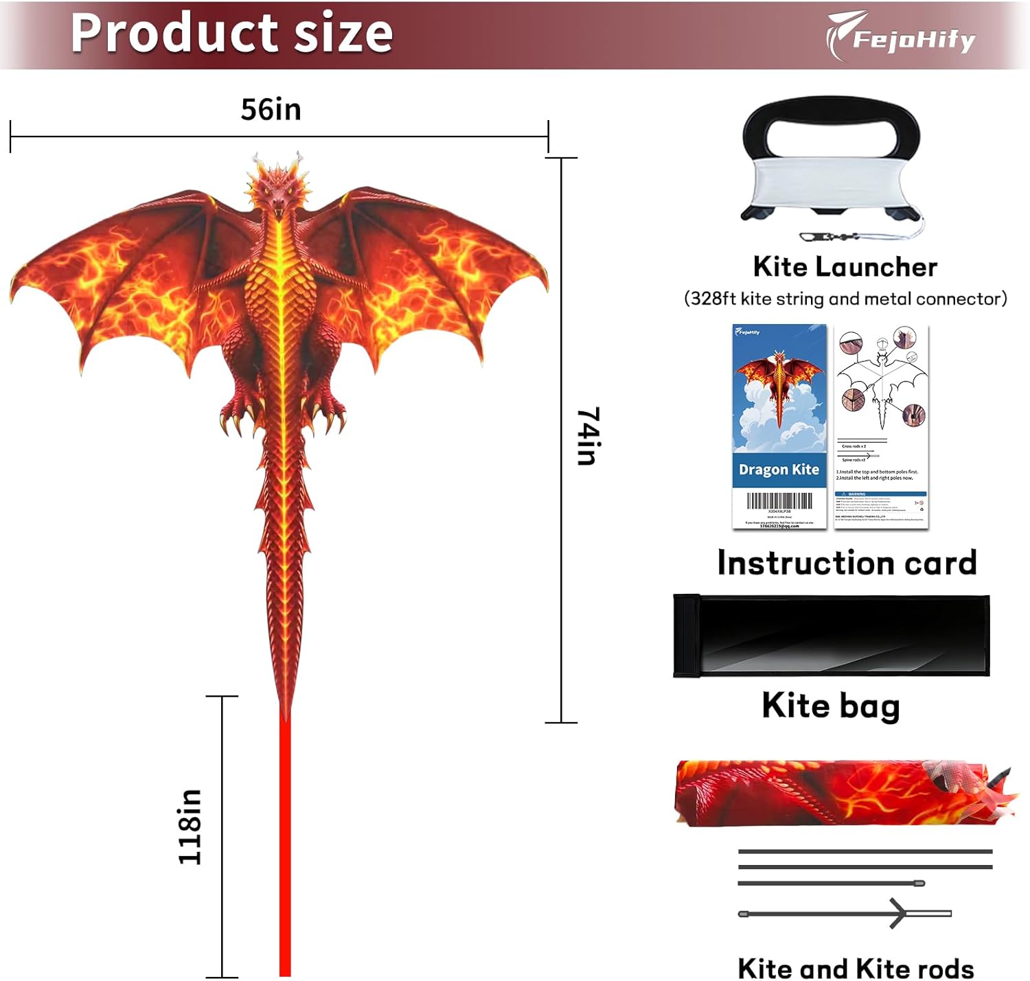 Large Dragon Kite for Kids and Adults, Easy to Fly with 300ft String, Perfect for Beach, Park, Outdoor Activities, Gift for Boys Girls.