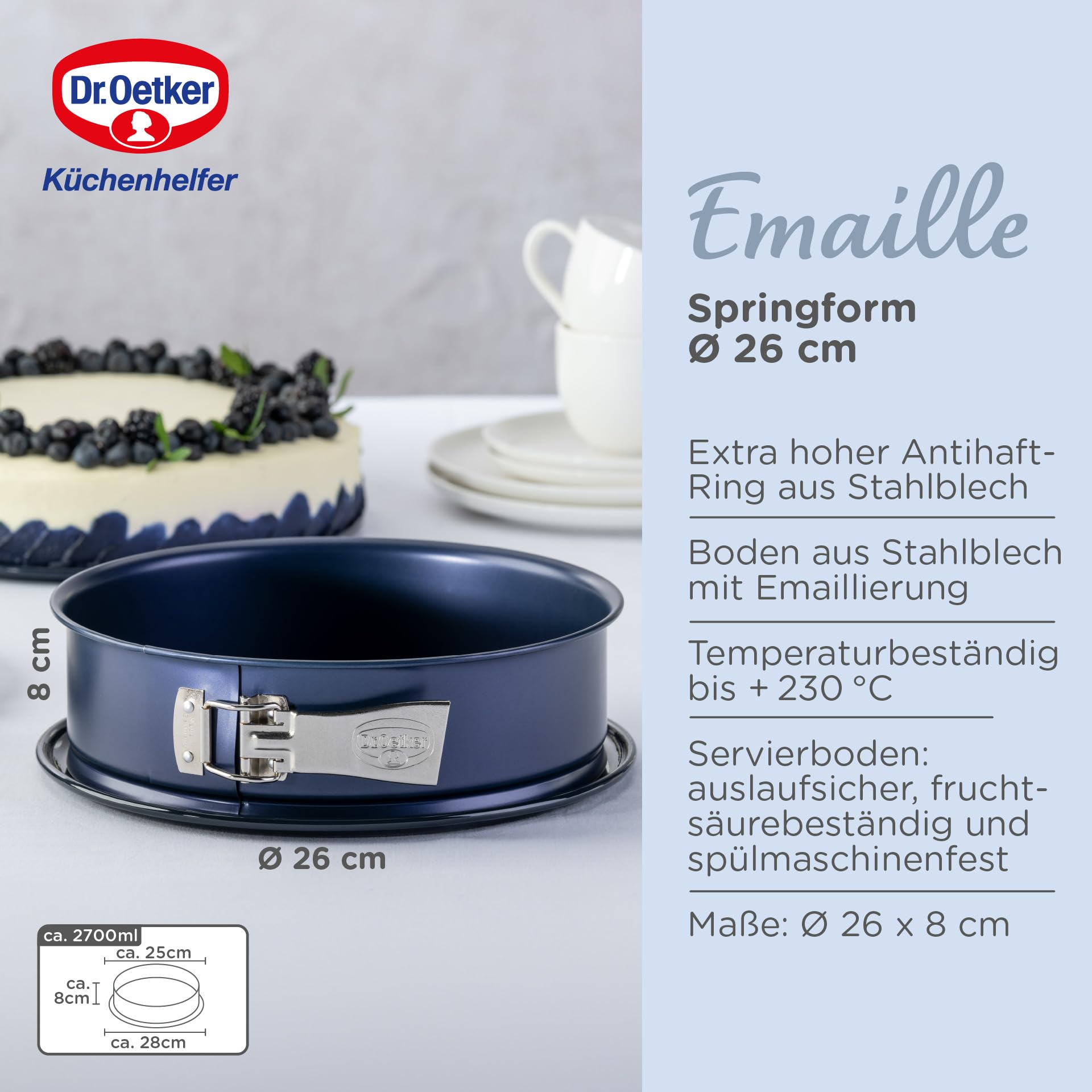 Dr. Oetker Springform Ø 26 cm Back-Liebe Emaille – Runde Backform mit schnitt- & kratzfestem Emaille-Boden – 26er Kuchenbackform mit extra hohem Rand in Dunkelblau – hitzebeständig bis 230 °C