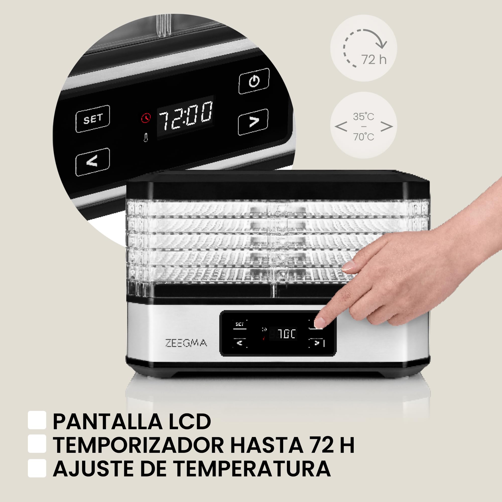 Zeegma Dry Chef - Deshidratador de Alimentos 500W, 6 Bandejas Expansibles, Termostato Ajustable 35-70°C, Temporizador 72h, Sistema de Circulación de Aire, Ideal para Frutas, Verduras, Setas y Carne