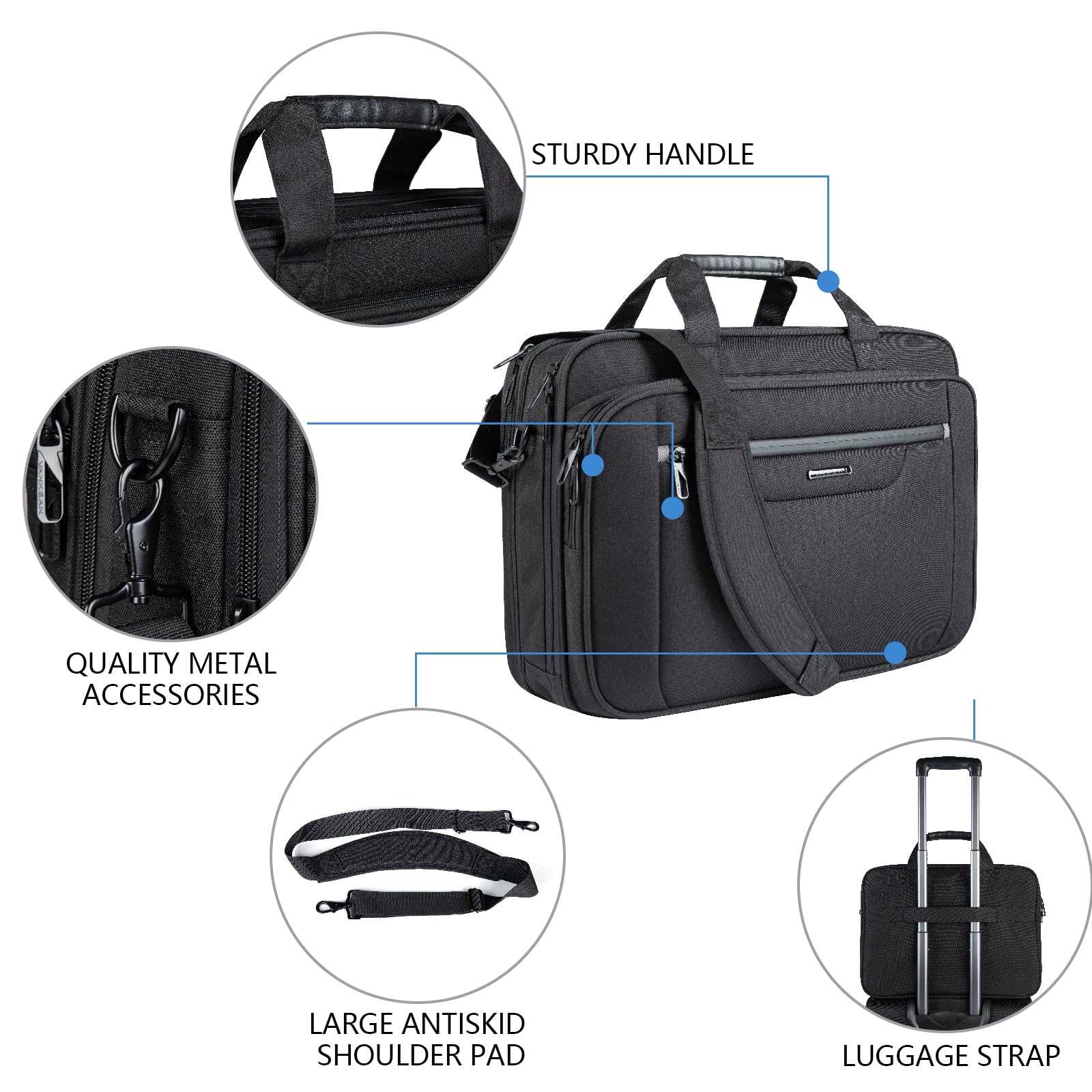 VANKEAN Valigetta per laptop di alta qualità, adatta per laptop fino a 17,3 pollici, borsa a tracolla estensibile e idrorepellente per uomini e donne