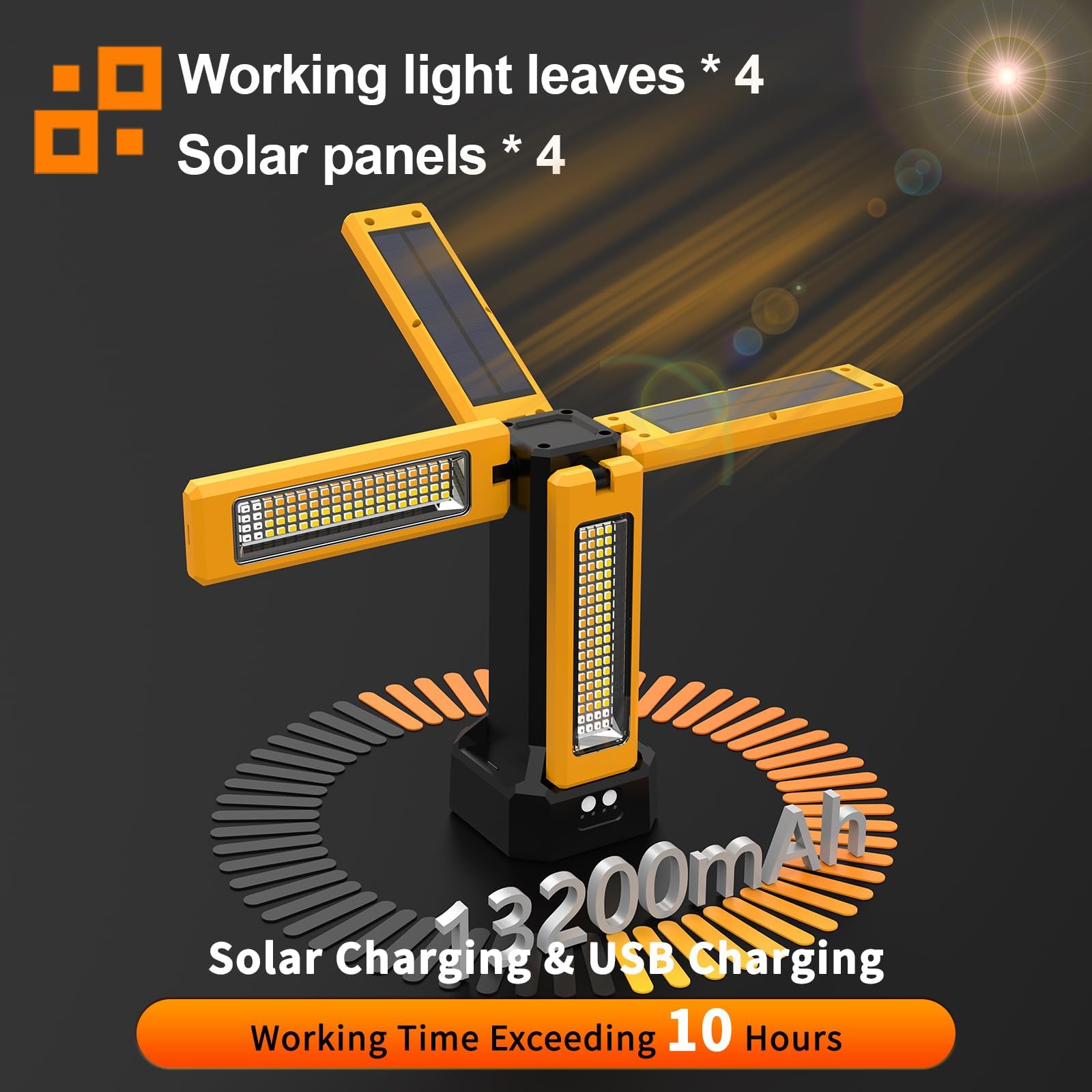 Faretto da Cantiere LED Ricaricabile Solare con Treppiede, Batteria da 13200 mAh, Faretti da Cantiere con Luminosità da 8000 Lumen, Adatto a Cantieri, Campeggio All'aperto (Arancione senza supporto)
