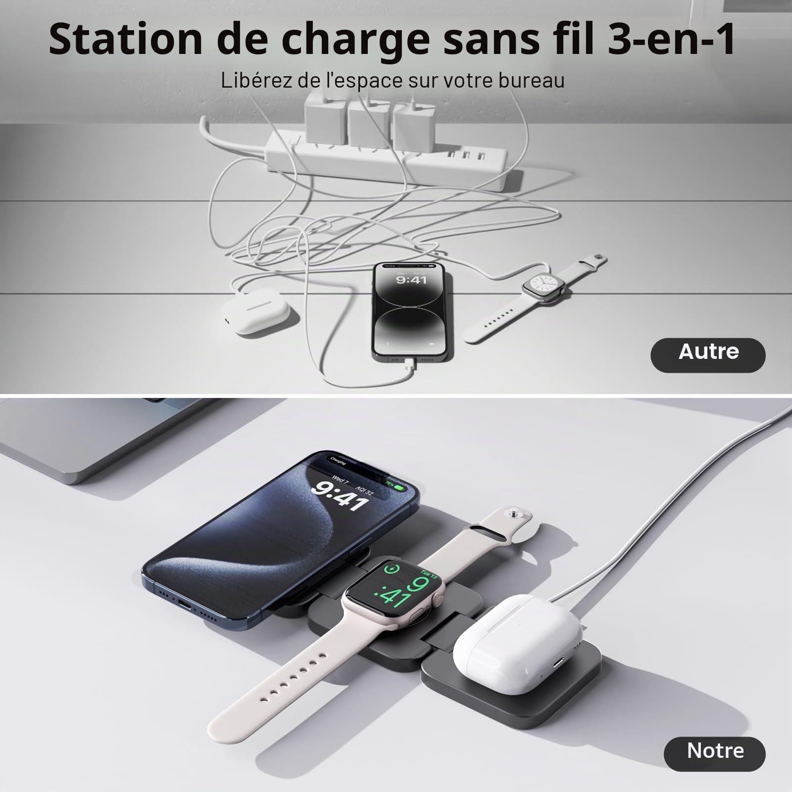 KU XIU X55 Station de Charge pour Magsafe, Chargeur sans Fil Pliable 3 en 1, 15W Support Chargeur Induction Magnétique pour iPhone 17-12, 5W pour Apple Watch & AirPods, 30W Adaptateur Inclus, Gris