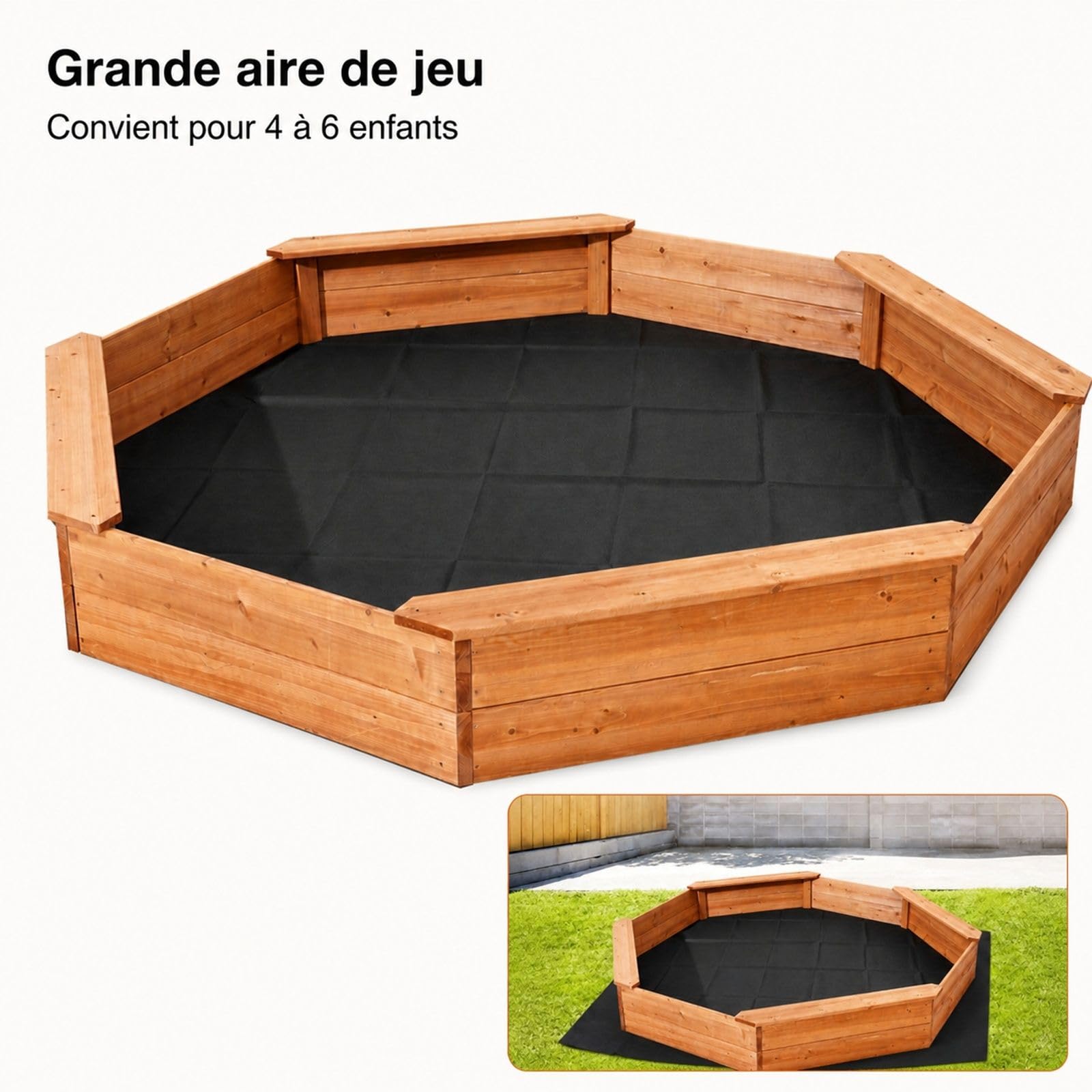 Achteckiger Sandkasten aus Holz mit Abdeckung und 4 Sitzplätzen für Garten und Außenbereich