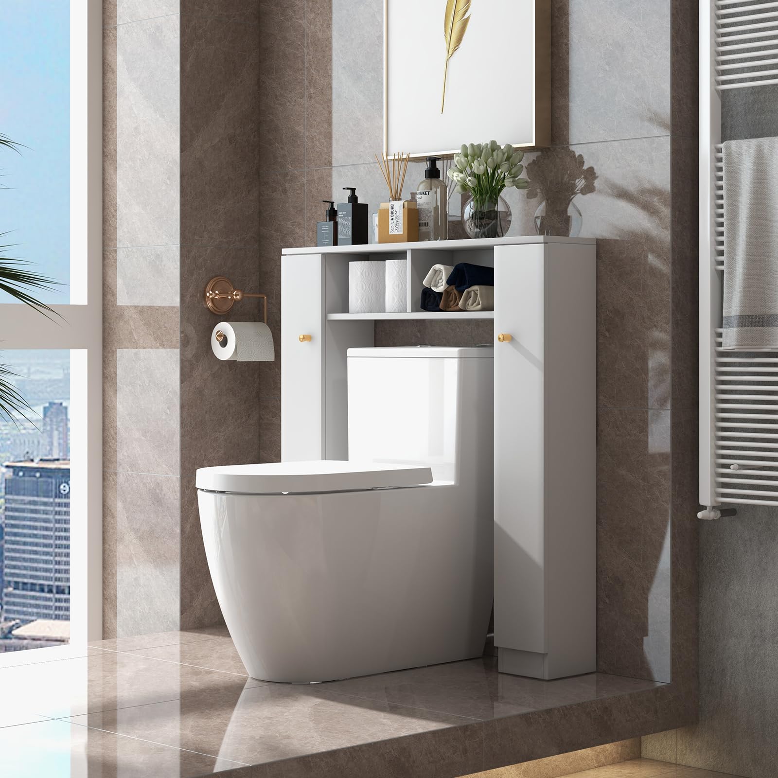GOPLUS Mueble para Inodoro con estantes Superiores al Inodoro, Organizador de Almacenamiento Independiente de baño con Puertas Dobles y 4 estantes Ajustables (Blanco)