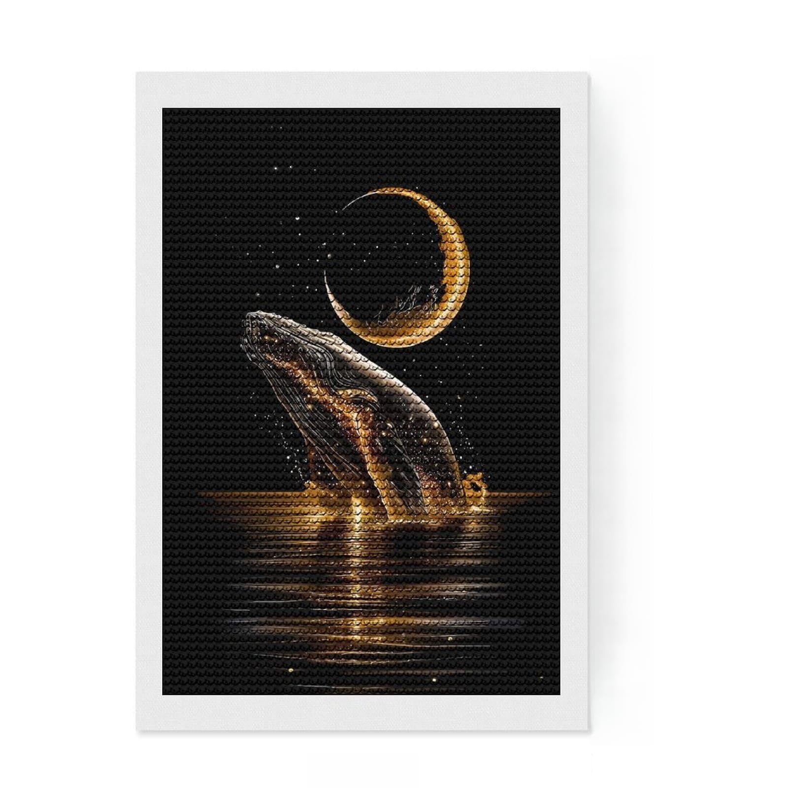 Junmoney Golden Whale Leaping Under Crescent Moon Full Drill Diamond Painting Kit 8"x12", Office Decor, for Beginners, Full Kit Included, Christmas Gift