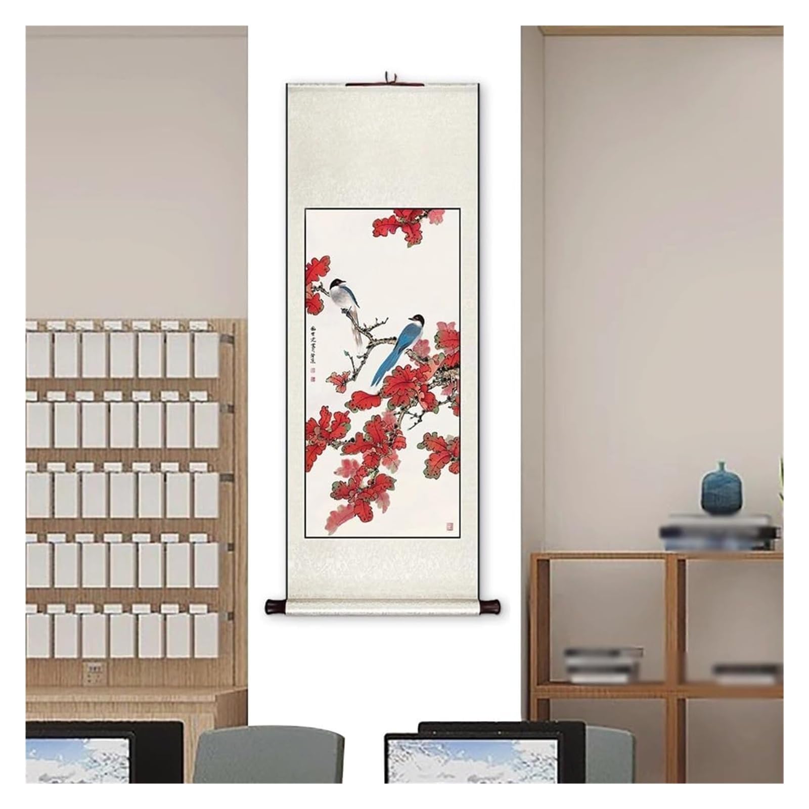 Chińskie malowidło z motywem ptaków kwiatowych, tradycyjna ręcznie robiona sztuka korytarza, wystrój sypialni Feng Shui, kolekcja prezentów świątecznych(Creamy White C,79L x 186W cm)