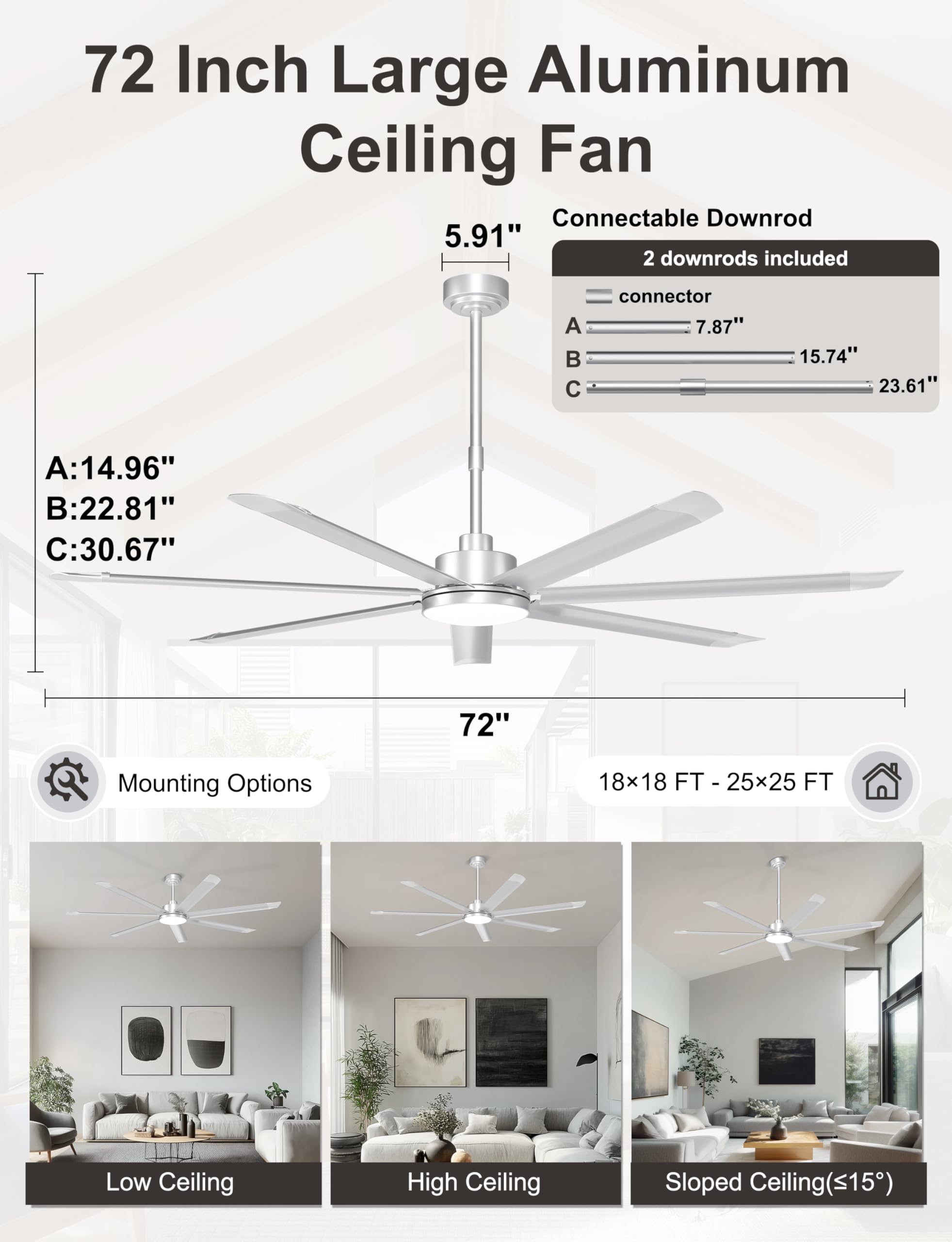 Ohniyou Ventilatore da soffitto da 182 cm con luce, grande ventilatore da soffitto industriale con telecomando/app, 7 pale in alluminio, motore DC silenzioso per terrazze esterne, garage, argento