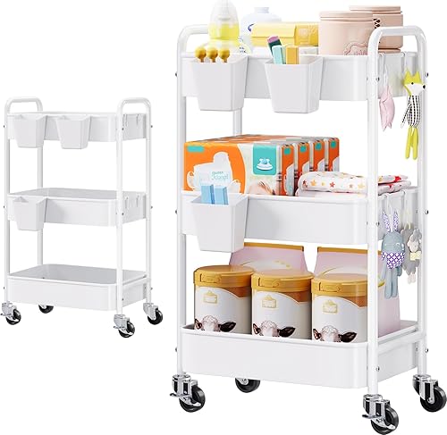 Organizador y almacenamiento de pañales para bebé, carrito rodante de 3 niveles con ruedas para artículos esenciales para el cuarto del bebé,