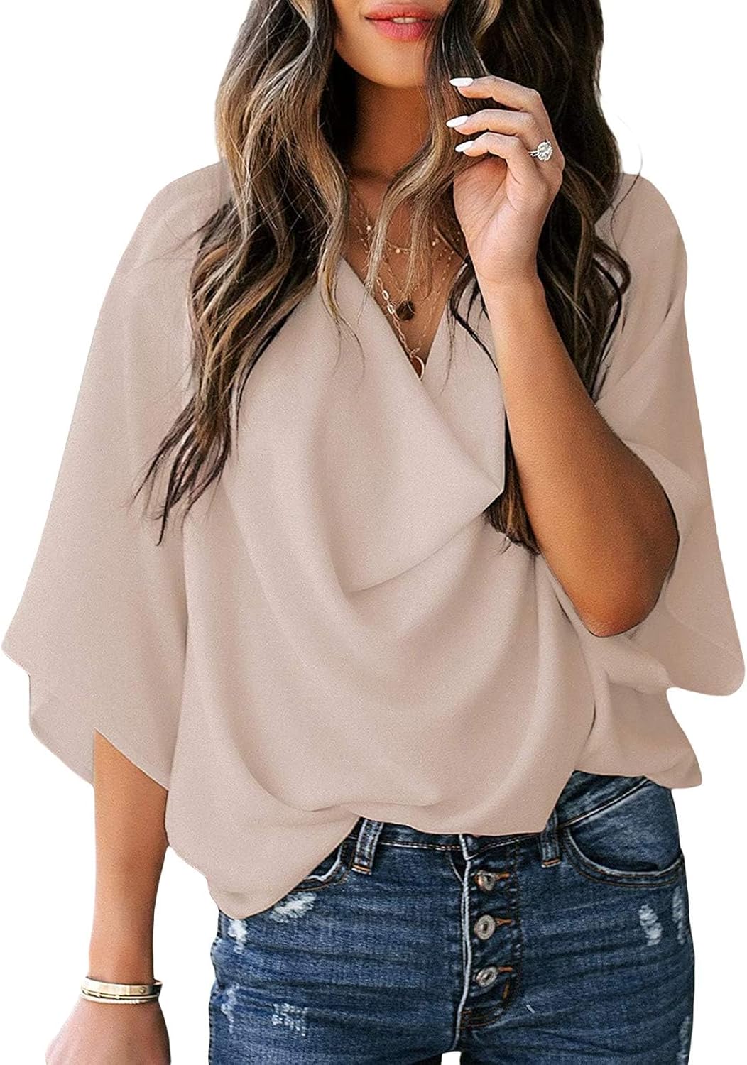 Womens Dressy Chiffon Wrap Blouses Short Sleeve Shirts Draped Front V Neck Tops, Apricot, L - Image 2