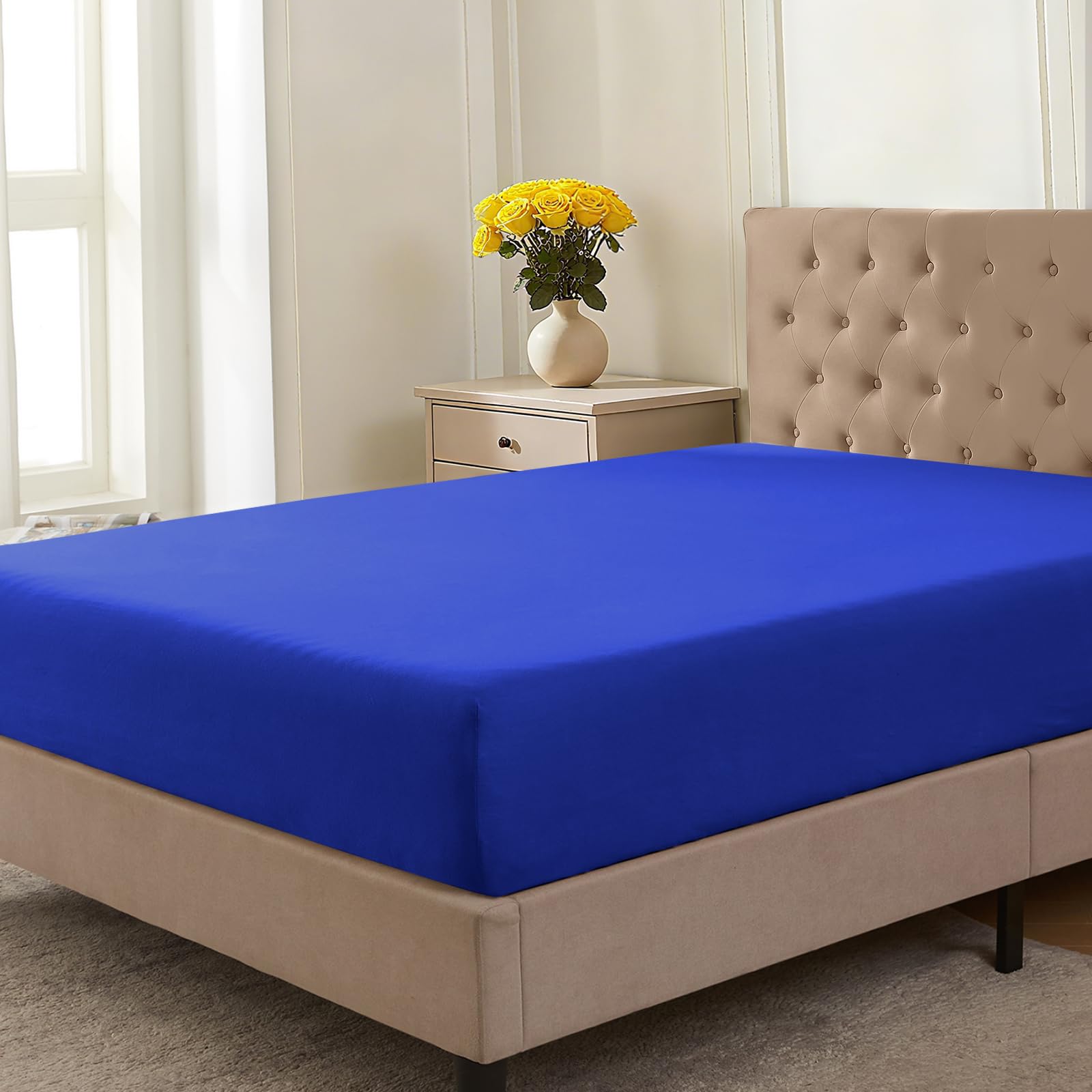 CELESTA Spannbettlaken 200x200cm 100% Baumwolle, Oeko-TEX Zertifiziert Jersey Spannbetttuch 200x200, Matratzenhöhe bis 25 cm für Boxspringbett, Dunkelblau