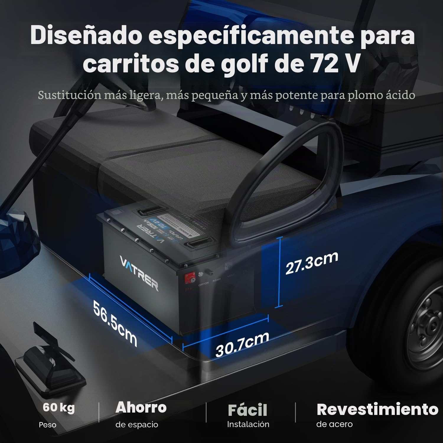 VATRER POWER Batería LiFePO4 72V 105Ah Carrito Golf, Pantalla Táctil | App Bluetooth · BMS inteligente de 200 A · Compatible con Club Car, EZGO, Yamaha, Garia, Melex e Italcar