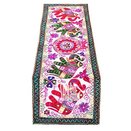 Shubh Shagun Ethnic Rajasthani Fabric Embroidered Ele Design Table Runners (151 x 50 Inch)