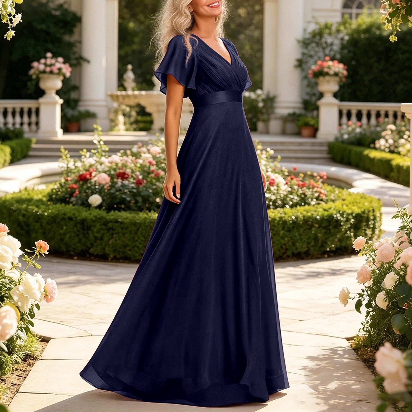Damen Abendkleider Gürtel V-Ausschnitt A-Linie Chiffon, hoher Taille und abnehmbarem Gürtel, Brautjungfernkleid und Ballkleid für Hochzeitsveranstaltungen