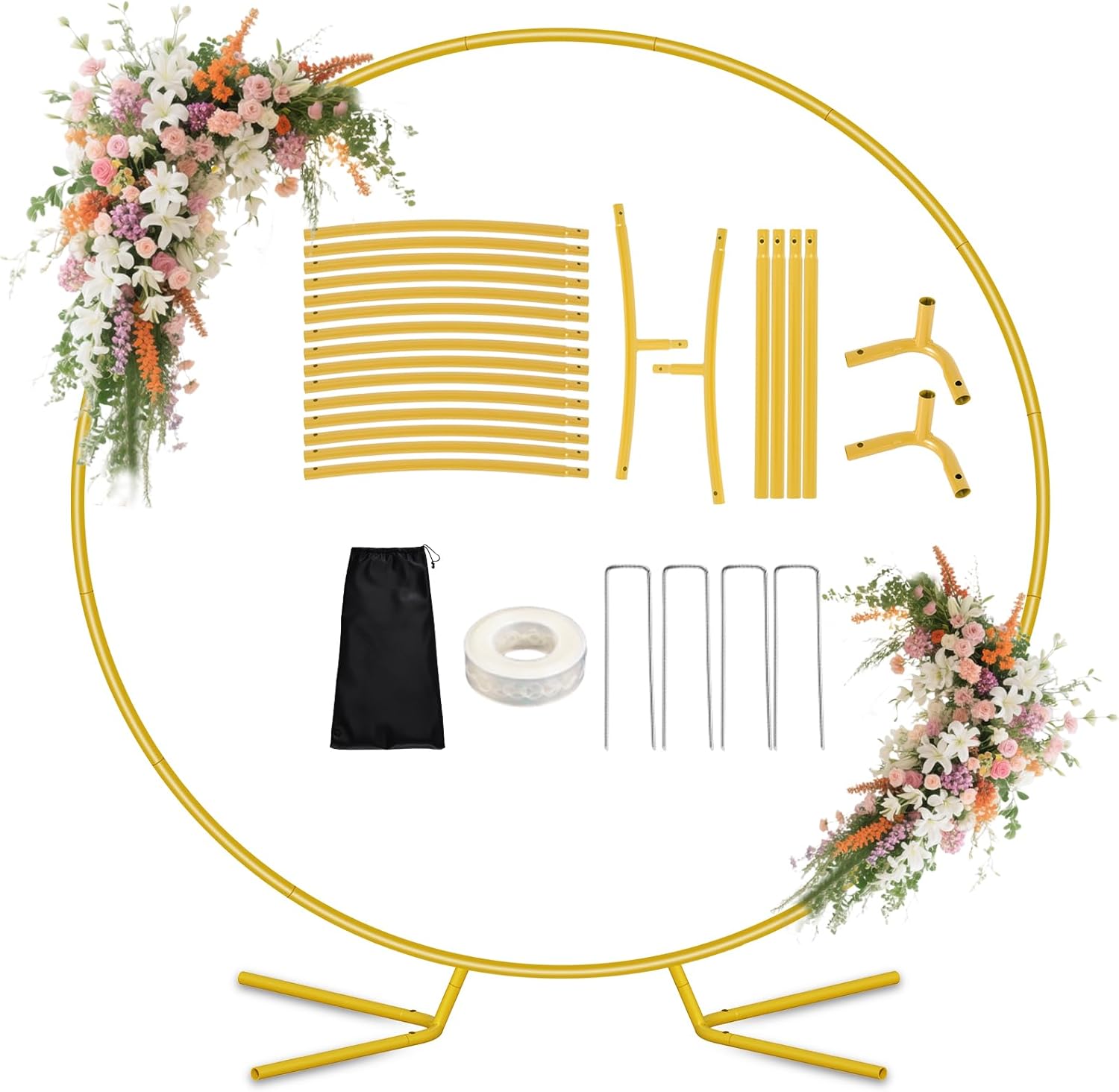 7.2FT Round Metal Arch Backdrop Stand, Circle Balloon Arch Stand Kit with Base, Metal Gold Wedding Arches Frame Heavy Duty for Birthday Gender Reveal Baby Shower Anniversary Party Decoration Gold 7.2FT