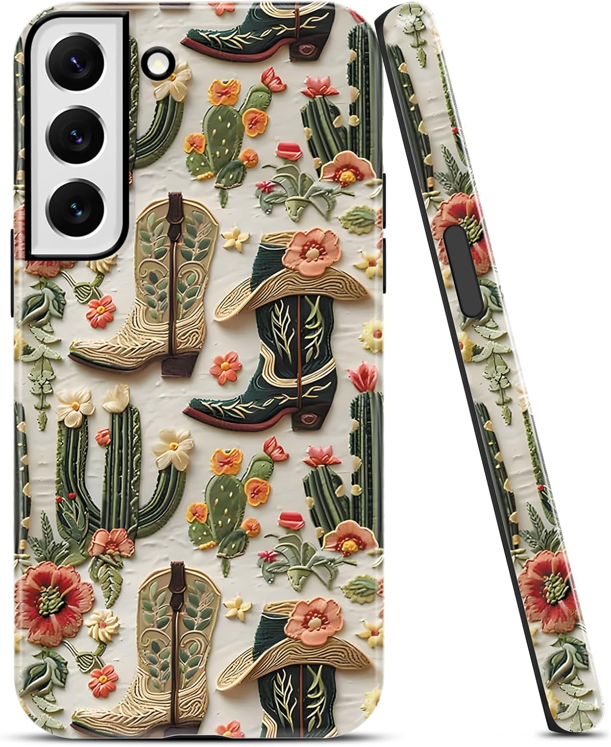 Aesthetic Cowgirl Floral Western Phone Case for Samsung Galaxy S22 5G 6.1", Retro Rustic Cactus Flowers Boots Hat Enthusiasts Phone Cases for Girls Women, Hybrid 2 in 1 Shockproof Cover